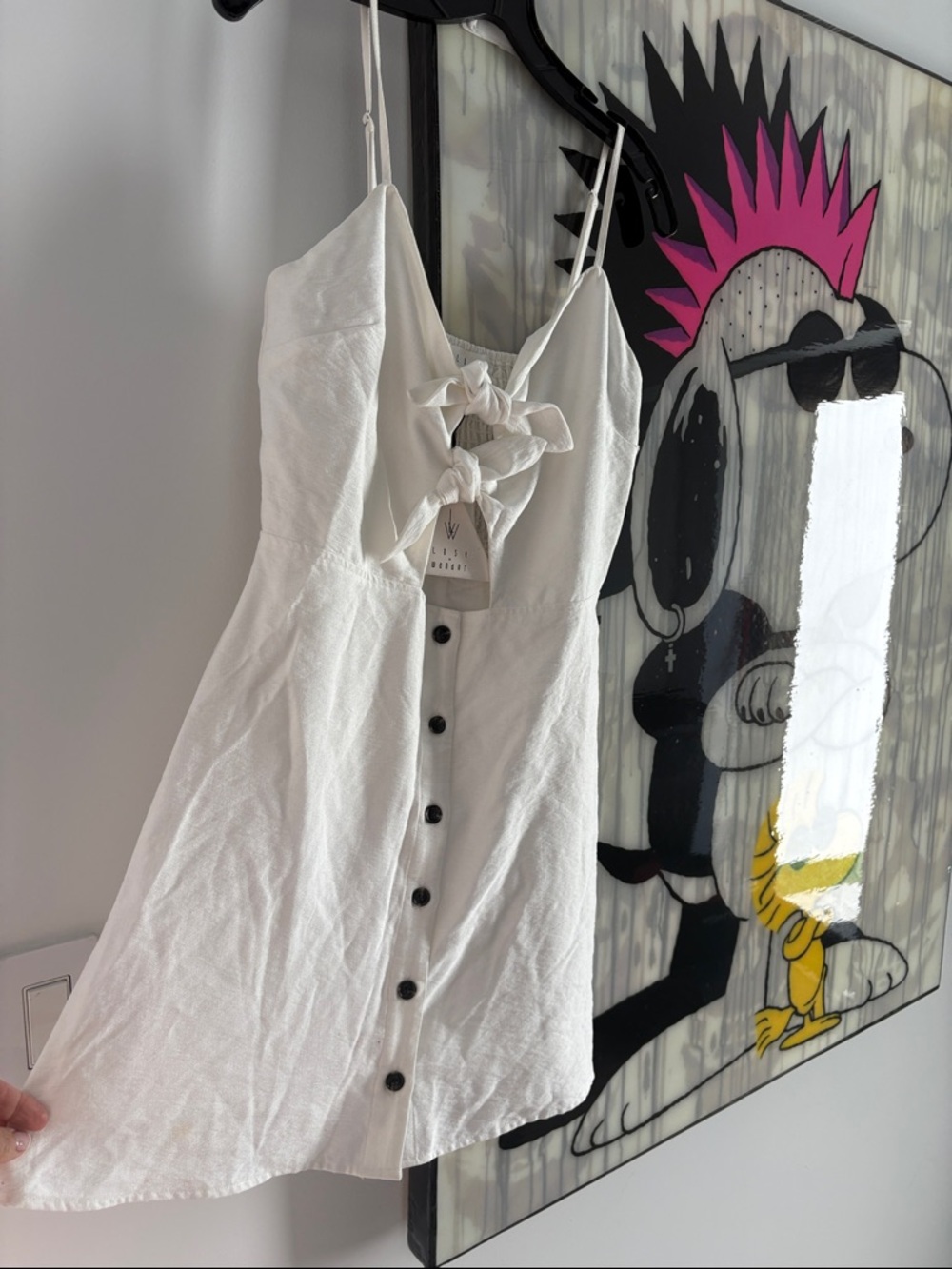 Lost + Wander natural off White Button-Front Tie-Detail Mini Dress.
